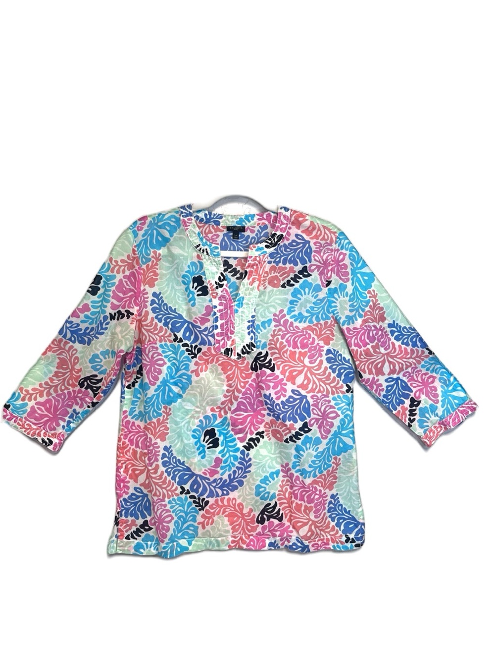Talbots Coral Reef Leaf-Print Pink, Aqua, Coral, Blue, Black Cotton Tunic Top